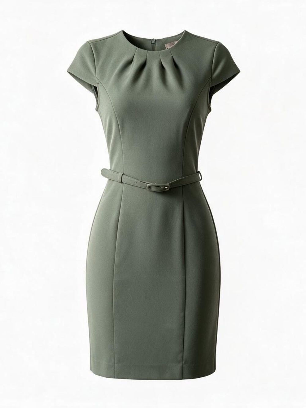 H&M Olive Green Cap-Sleeve Sheath Dress with Belt